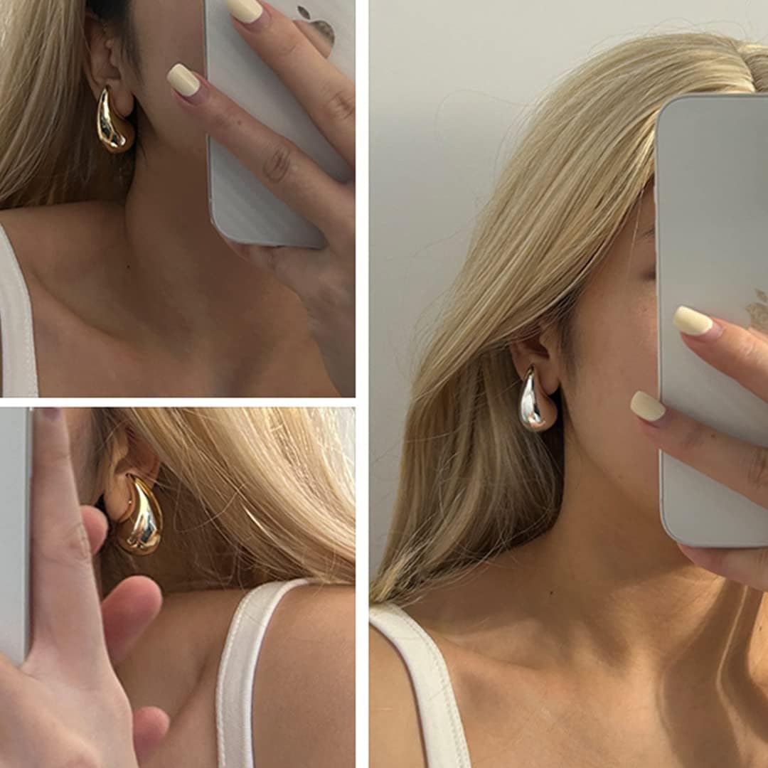 Chunky Gold Hoop Earrings for Women, Dupes Earrings Lightweight Waterdrop Hollow Open Hoops, Hypoallergenic Gold Plated Earrings Fashion Jewelry for Women Girls