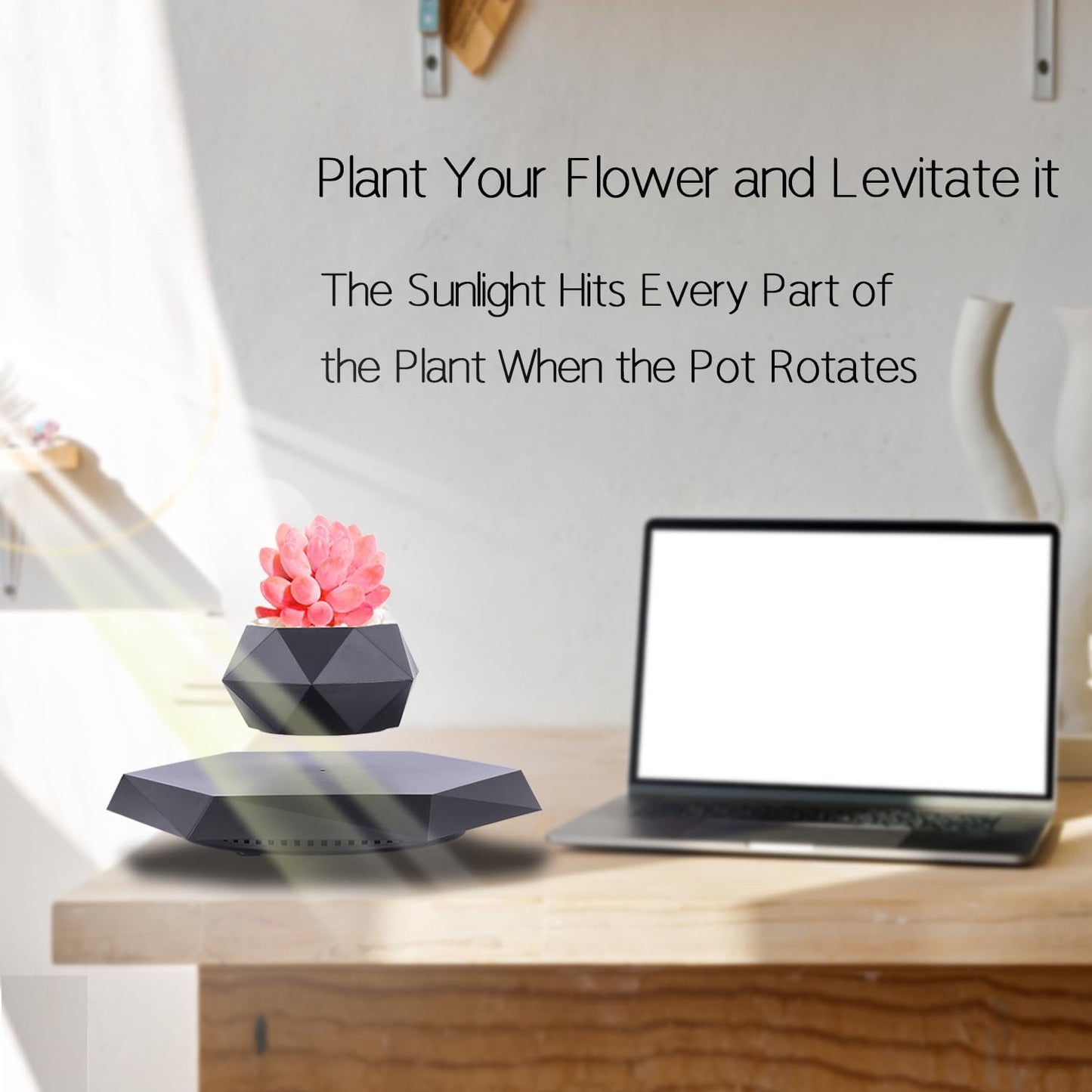 Floating Plant Pot, Magnetic Levitating Planter, Rotating Levitation Bonsai Flower Pot for Home Office, Table Desk Futuristic Gadgets Room Decor SIM10-PZ1-BLACK