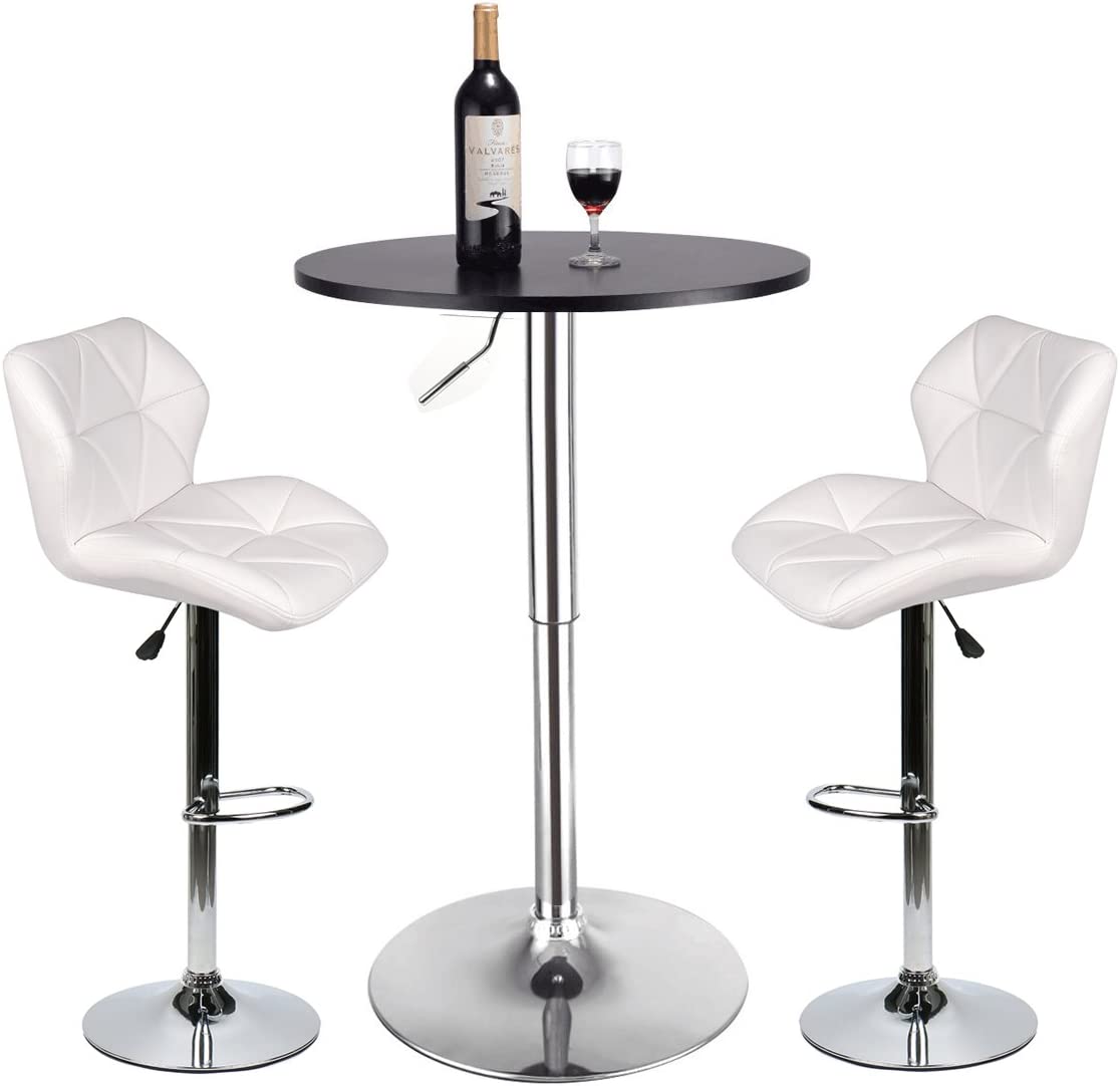 Bar Table Set of 3 – Adjustable Round Table and 2 Swivel Pub Stools for Home Kitchen Bistro, Bars Wine Cabinets (Set 8)