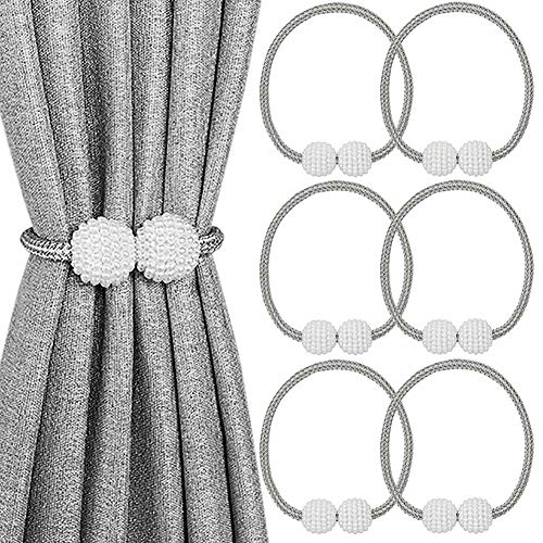 6 Pack Magnetic Curtain Tiebacks, Decorative Curtain Holdbacks for Window Décor (Grey)