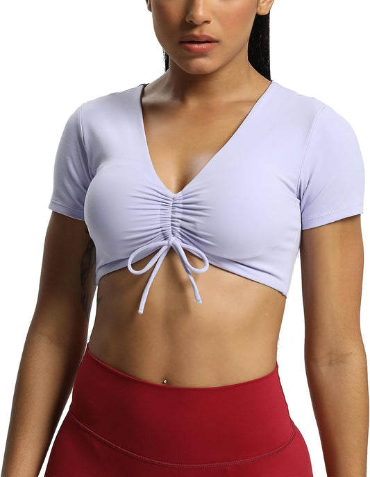 Short Sleeve Crop Tops for Women Betty Ruched V Neck Workout Crop T Shirt Top