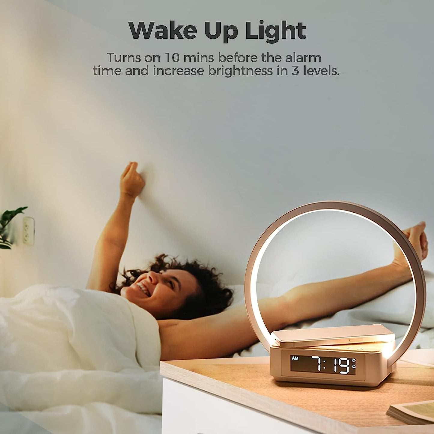 Bedside Lamp Qi Wireless Charger LED Desk Lamp with Alarm Clock, Touch Control 3 Light Hues, 10W Max Wireless Charging Table Lamp，Eye-Caring Reading Light for Kids, Adults, Home.