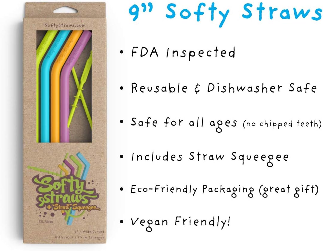 OUTSTANDING Softy Straws Wide Premium Reusable Silicone Drinking Straws + Patented Straw Squeegee - 9” Long With Curved Bend for 20/30/32oz Tumblers BPA Free Non Rubber, Flexible, Safe for Kids/Toddlers