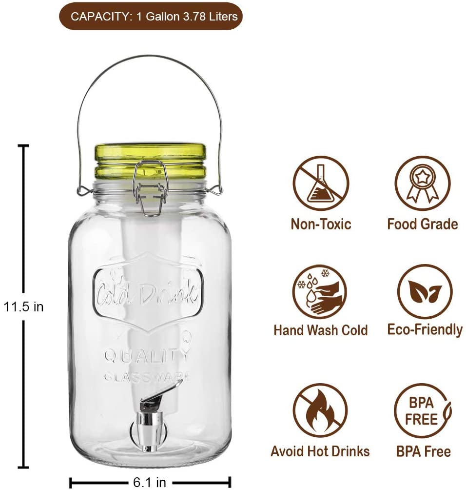 1 Gallon Cold Drink Glass Beverage Dispenser with Ice Infuser, Clear Bail & Trigger with Locking Clamp Drink Dispenser with Easy Flow Spigot for Outdoor, Parties and Daily Use