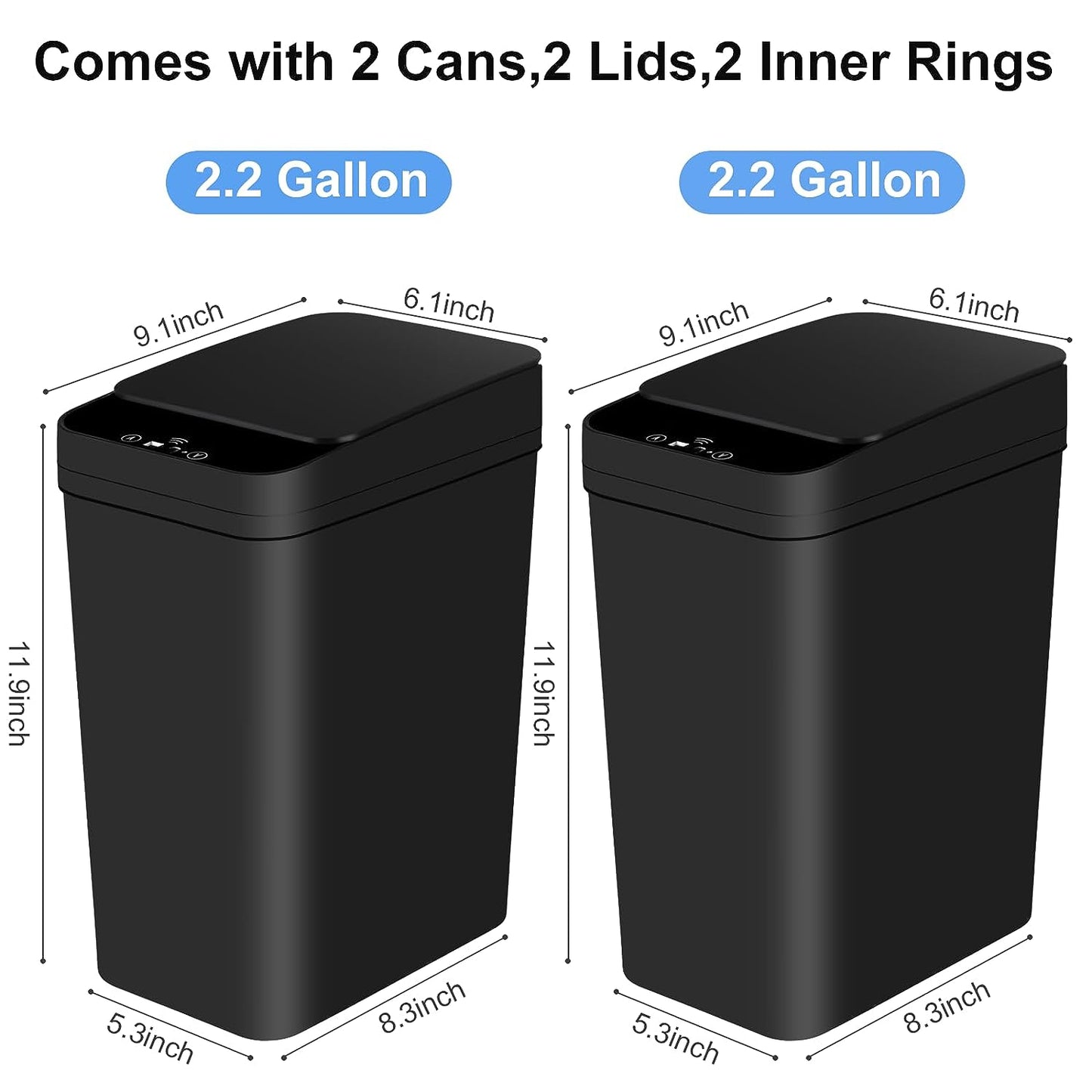 EXCELLENT Bathroom Automatic Trash Can 2 Pack 2.2 Gallon Touchless Motion Sensor Small Slim Garbage Can with Lid Smart Electric Narrow Waterproof Garbage Bin for Bedroom Office Kitchen (Black)