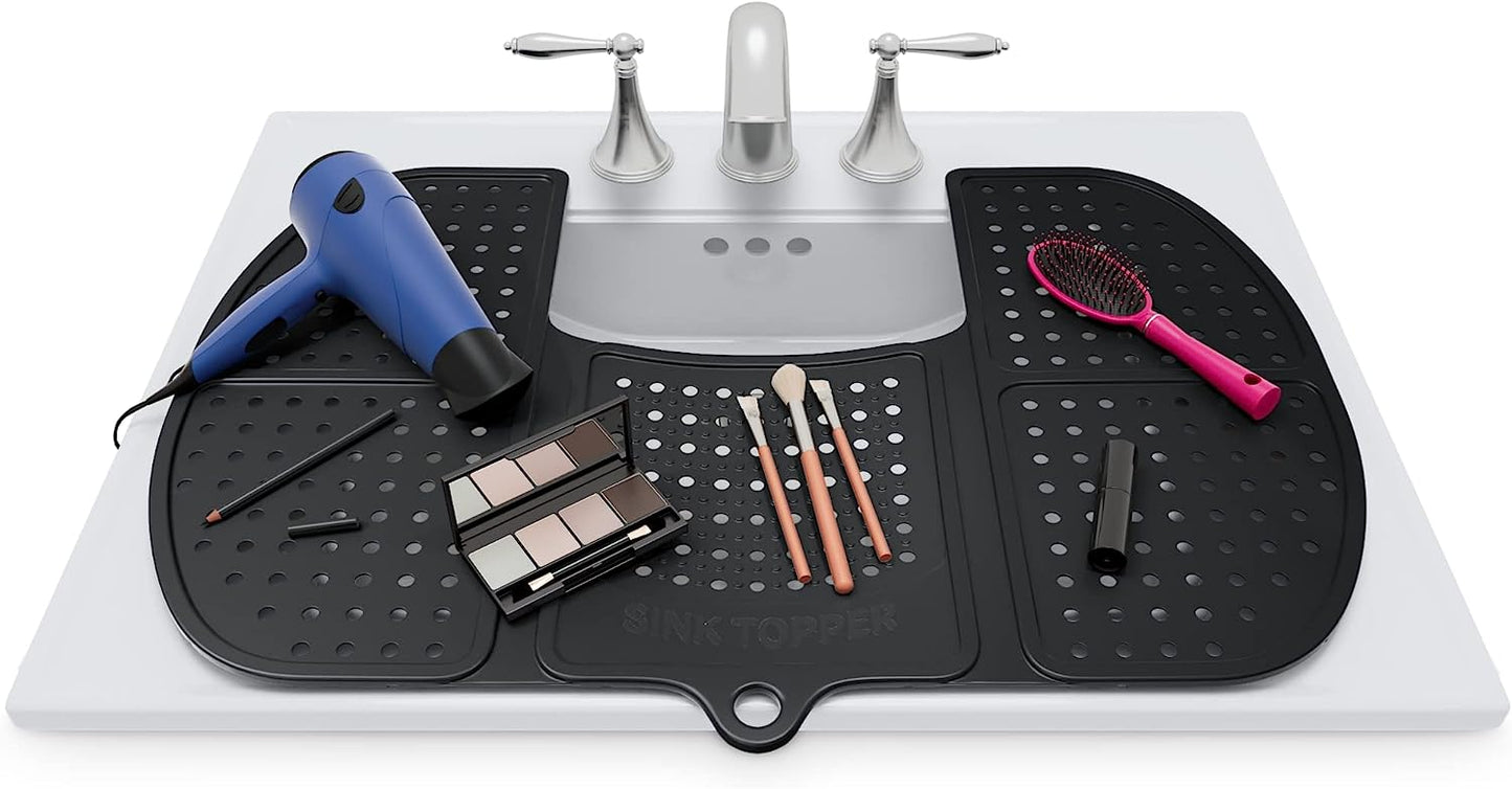 Sink Topper Foldable Sink Cover - Silicone Beauty Makeup Brush Cleaning Mat - Hot Tools Organizer - Bathroom Must Have Accessory for Extra Space & Storage Saver - Traveling - Standard, Black