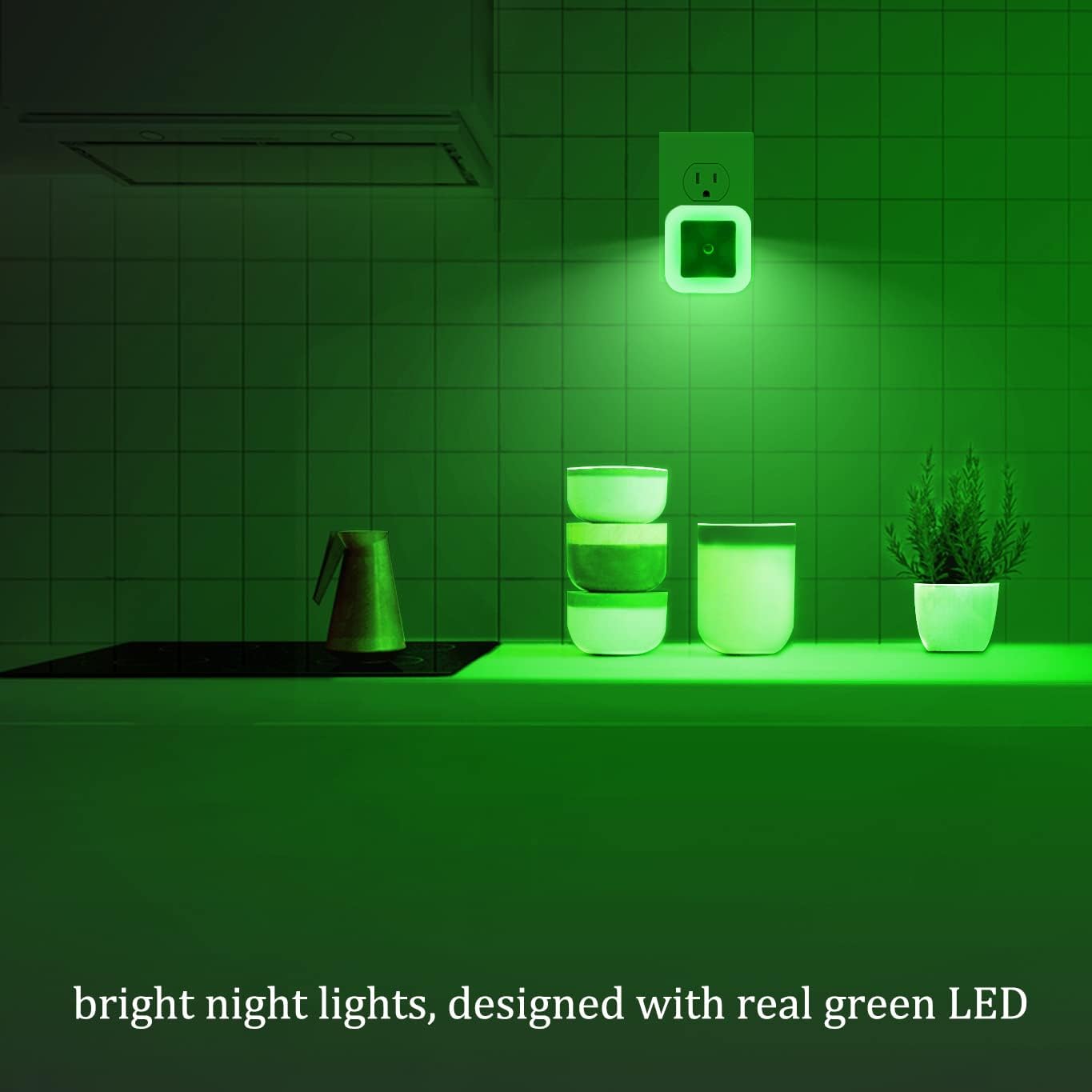 [Pack of 2] Bright Green Night Lights, Plug Into LED Wall Lights with Light Sensor, Auto ON/Off- Suitable for Bathroom, Hallway and Kitchen