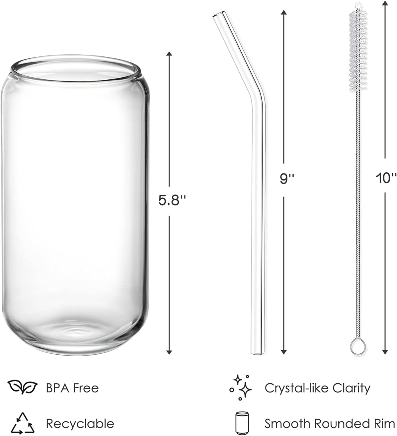 Drinking Glasses with Glass Straw 4pcs Set - 16oz Can Shaped Glass