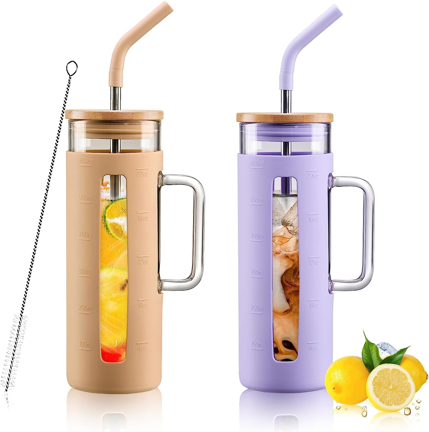 20 oz Glass Coffee Tumbler with Handle, Smoothie Cup with Bamboo Lid | Time Marker | Silicone Protective Sleeve, BPA Free - Amber & Purple