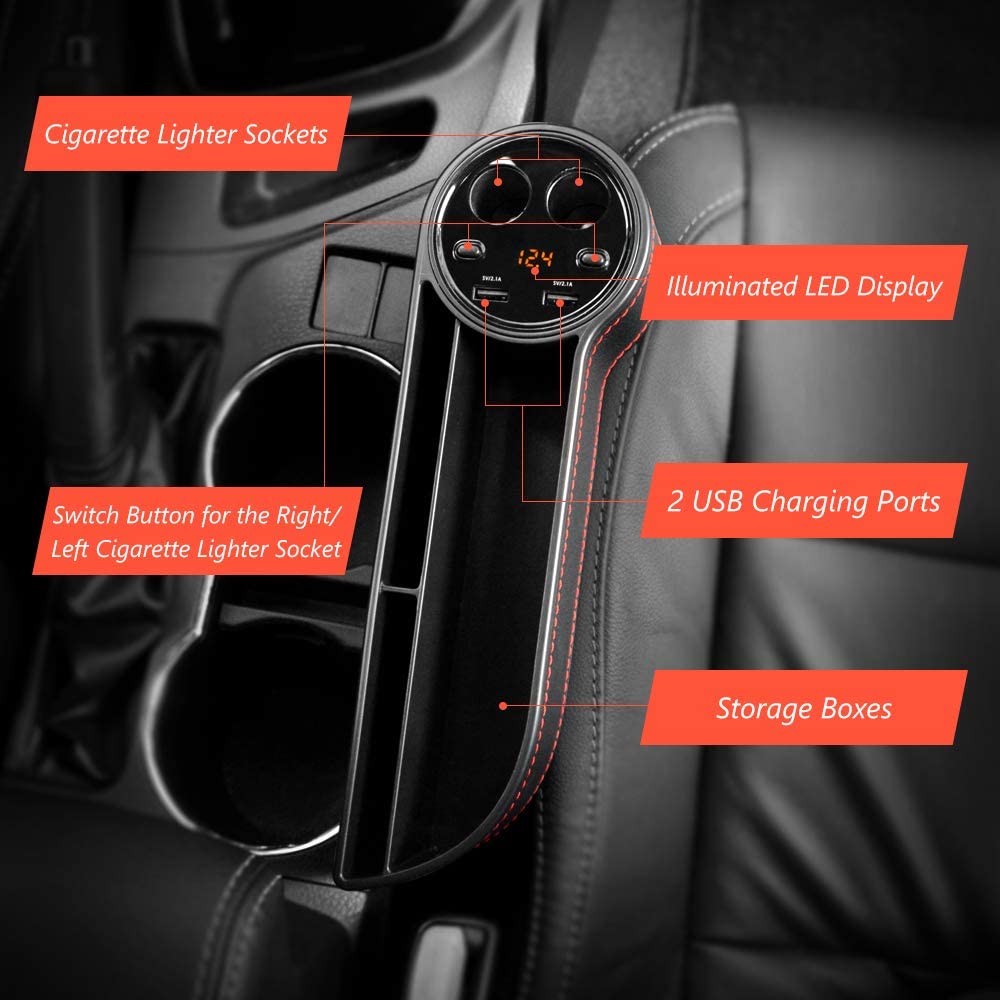 Car Seat Gap Filler, Car Seat Organizer, Full Premium PU Leather Multifunctional Car Organizer with 2 Lighters, 2 USB Chargers
