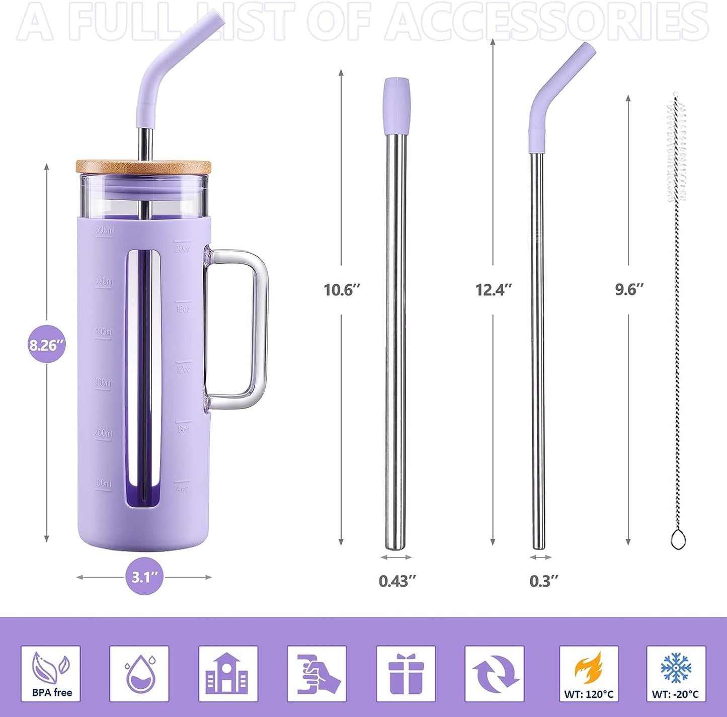Gorgeous Tumbler with Lid and Straw, 20 oz Glass Coffee Tumbler with Handle, Smoothie Cup with Bamboo Lid | Time Marker | Silicone Protective Sleeve, BPA Free - Amber & Purple