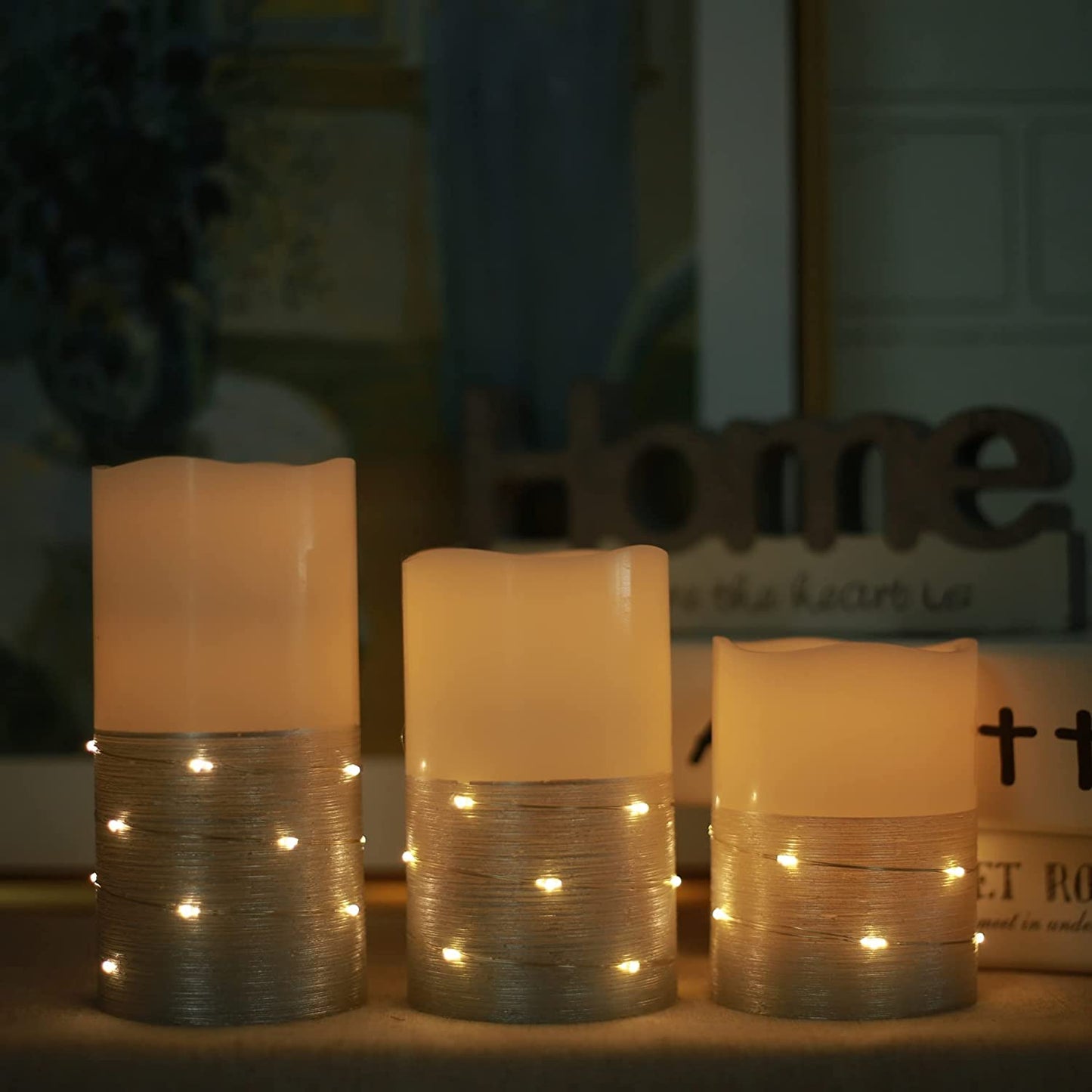 Flickering Flameless Candles Ivory Real Wax Pillar with Embedded String Lights H-BLOSSOM LED Candles Battery Operated with Cycling 5H Timer Set of 3 (3" x 4"/5"/6") (Ivory)