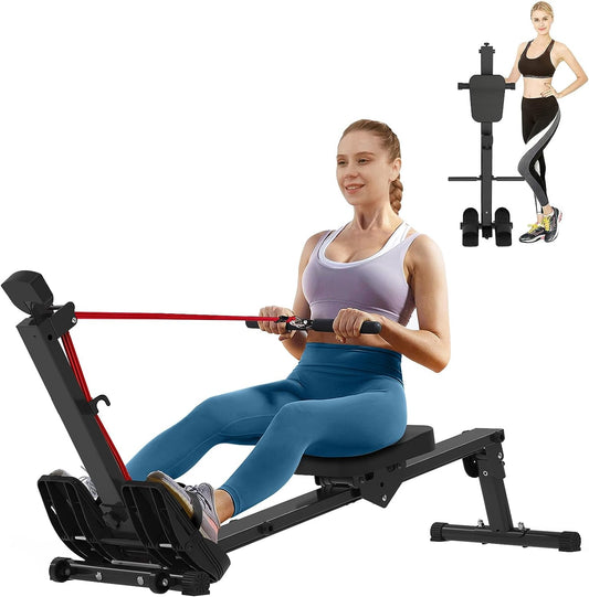 Foldable Rowing Machine, Portable Rowing Machines for Home Use Cardio Training Adjustable Elastic Portable Compact Rower LCD Display Loading 300 LBS