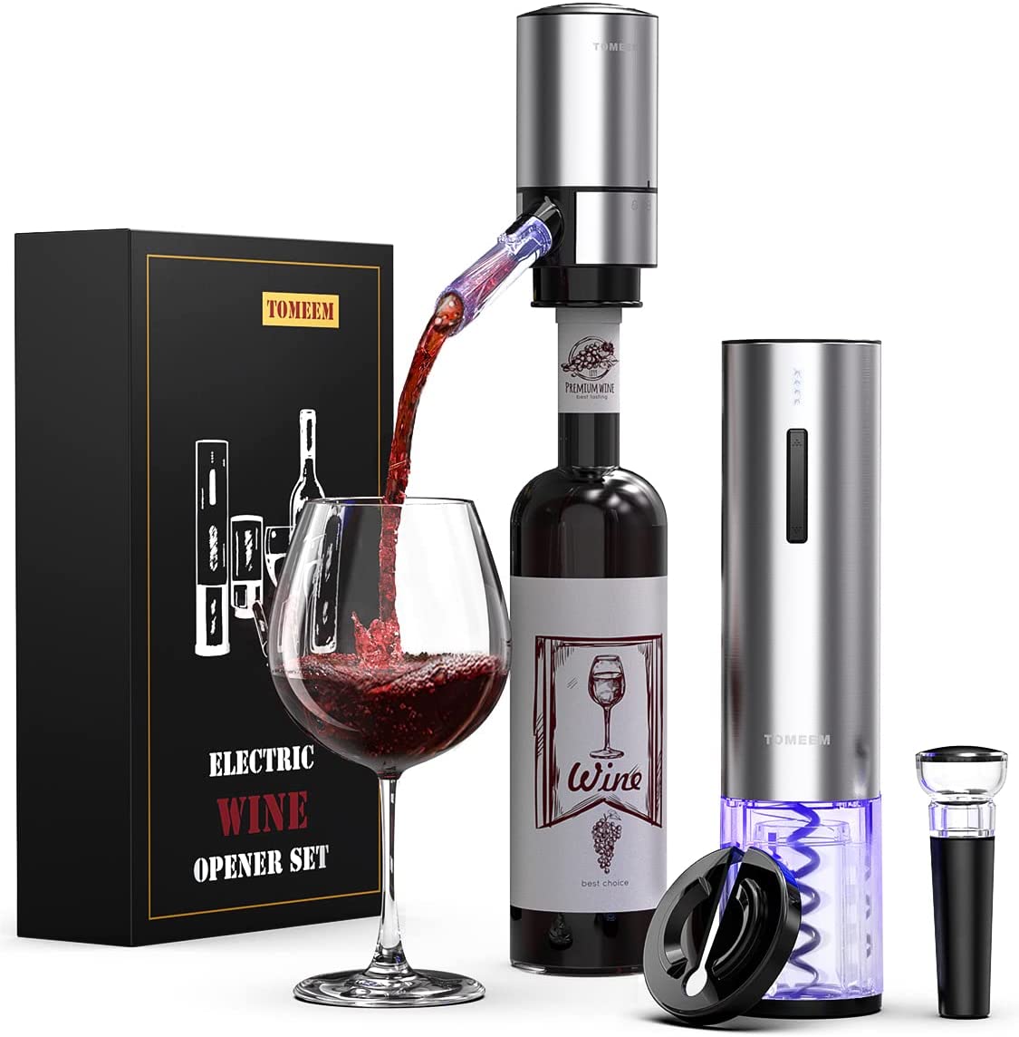 Electric Wine Opener Set, Wine Gift Set with Rechargeable Wine Opener, Electric Wine Aerator, Vacuum Stoppers and Foil Cutter, 4-in-1 Electric Wine Bottle Opener for Home Party Bar Outdoor