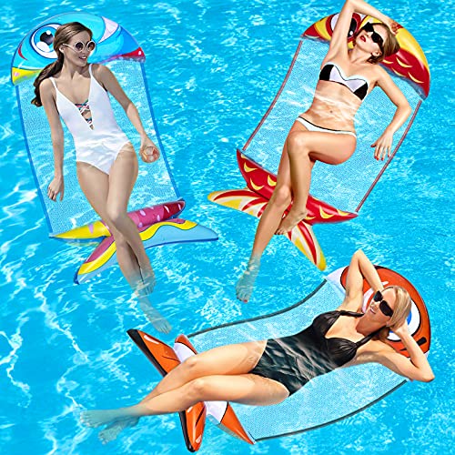 3 Packs Pool Floats Inflatable Fish Hammock for Adult Size 4-in-1 Multi-Purpose Water Float Swimming Chair Travel Accessories with 1 Hand Pump