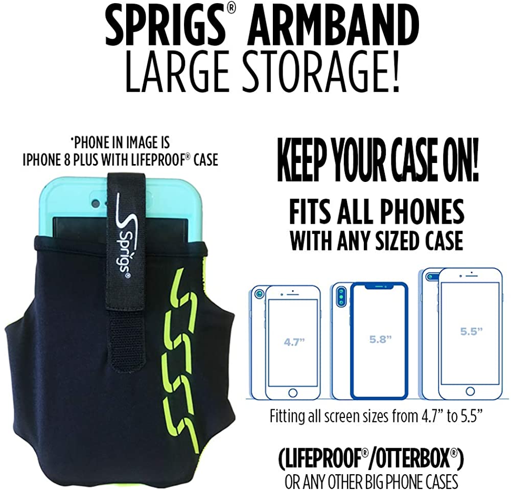 Sprigs Phone Armband Sleeve for iPhone x/8/7/6 Plus, Galaxy S7/S6, Google Pixel XL. The Lightest & Most Comfortable Running Armband, Stretches to Fit All Phones with Case for Women & Men