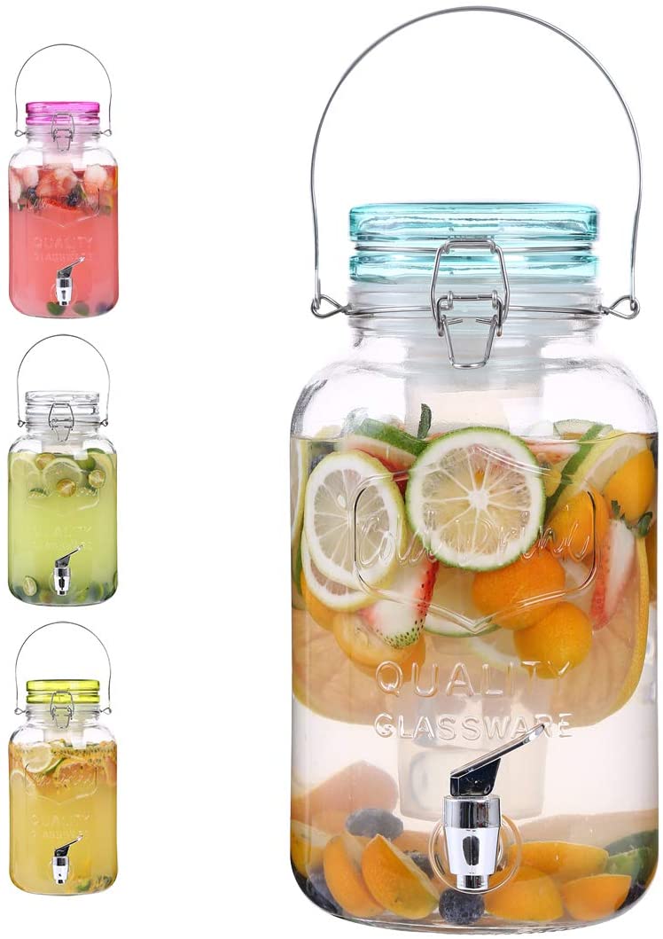 1 Gallon Cold Drink Glass Beverage Dispenser with Ice Infuser, Clear Bail & Trigger with Locking Clamp Drink Dispenser with Easy Flow Spigot for Outdoor, Parties and Daily Use