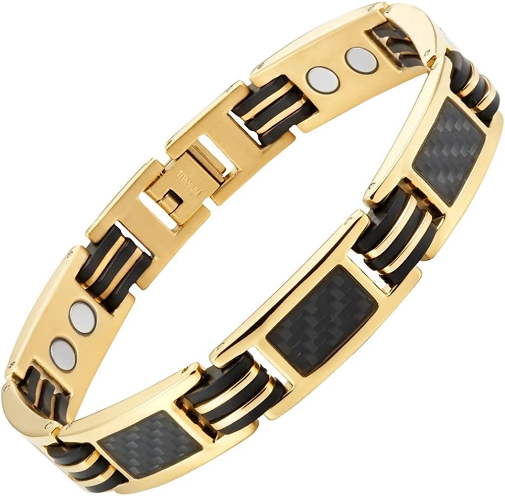 Carbon Fiber Titanium Magnetic Bracelet Gold Tone Size Adjusting Tool and Gift Box Included