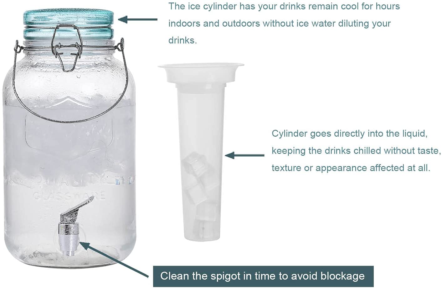 Emica Home 1 Gallon Cold Drink Glass Beverage Dispenser with Ice Infuser, Clear Bail & Trigger with Locking Clamp Drink Dispenser with Easy Flow Spigot for Outdoor, Parties and Daily Use