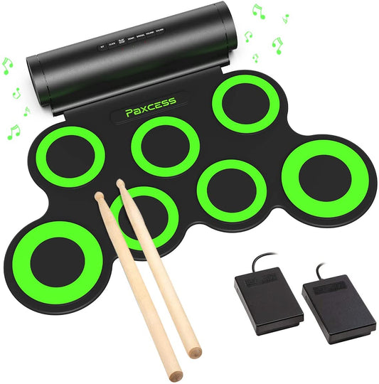 Electronic Drum Set, Roll Up Drum Practice Pad Midi Drum Kit with Headphone Jack Built-in Speaker Drum Pedals Drum Sticks 10 Hours Playtime, Great Gift for Kids, Green.