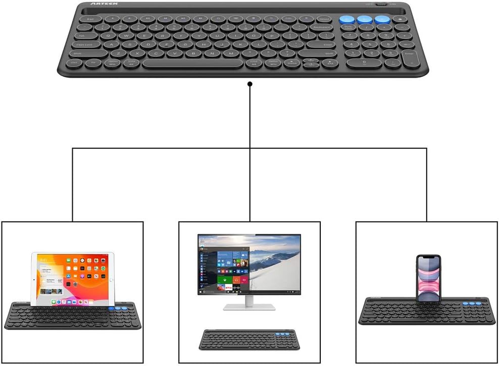 Bluetooth Keyboard Multi-Device Built-in Cellphone Cradle Wireless Keyboard for Windows, iOS, Android, Computer Desktop Laptop Surface Tablet Smartphone Built-in Rechargeable Battery