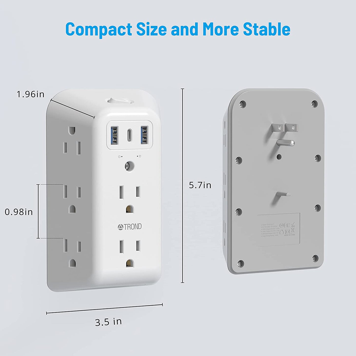 USB Wall Charger, Surge Protector, TROND 5 Outlet Extender with 3 USB Charging Ports (1 USB C) 3 Sided 1440J Multi Plug Outlets, Wall Mount Power Strip for Home Travel Office（ON/Off Switch）