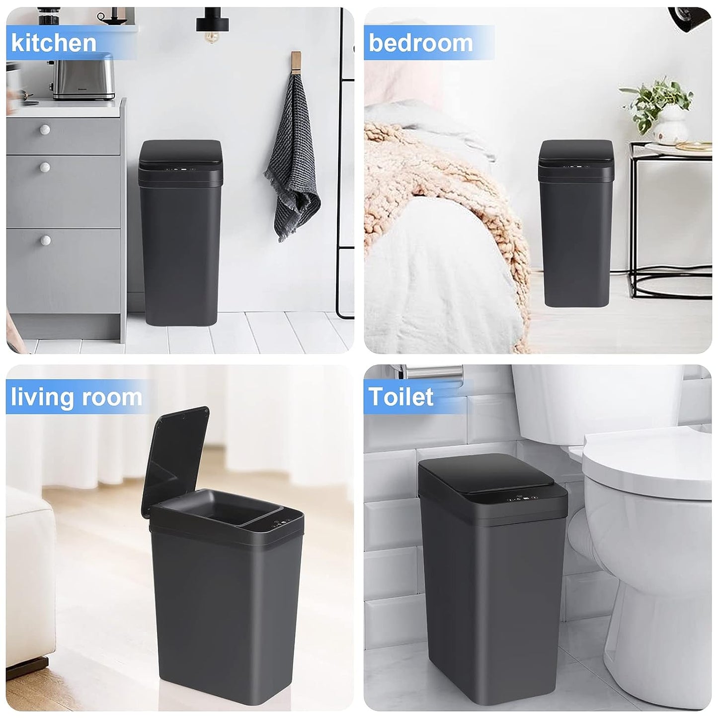 EXCELLENT Bathroom Automatic Trash Can 2 Pack 2.2 Gallon Touchless Motion Sensor Small Slim Garbage Can with Lid Smart Electric Narrow Waterproof Garbage Bin for Bedroom Office Kitchen (Black)