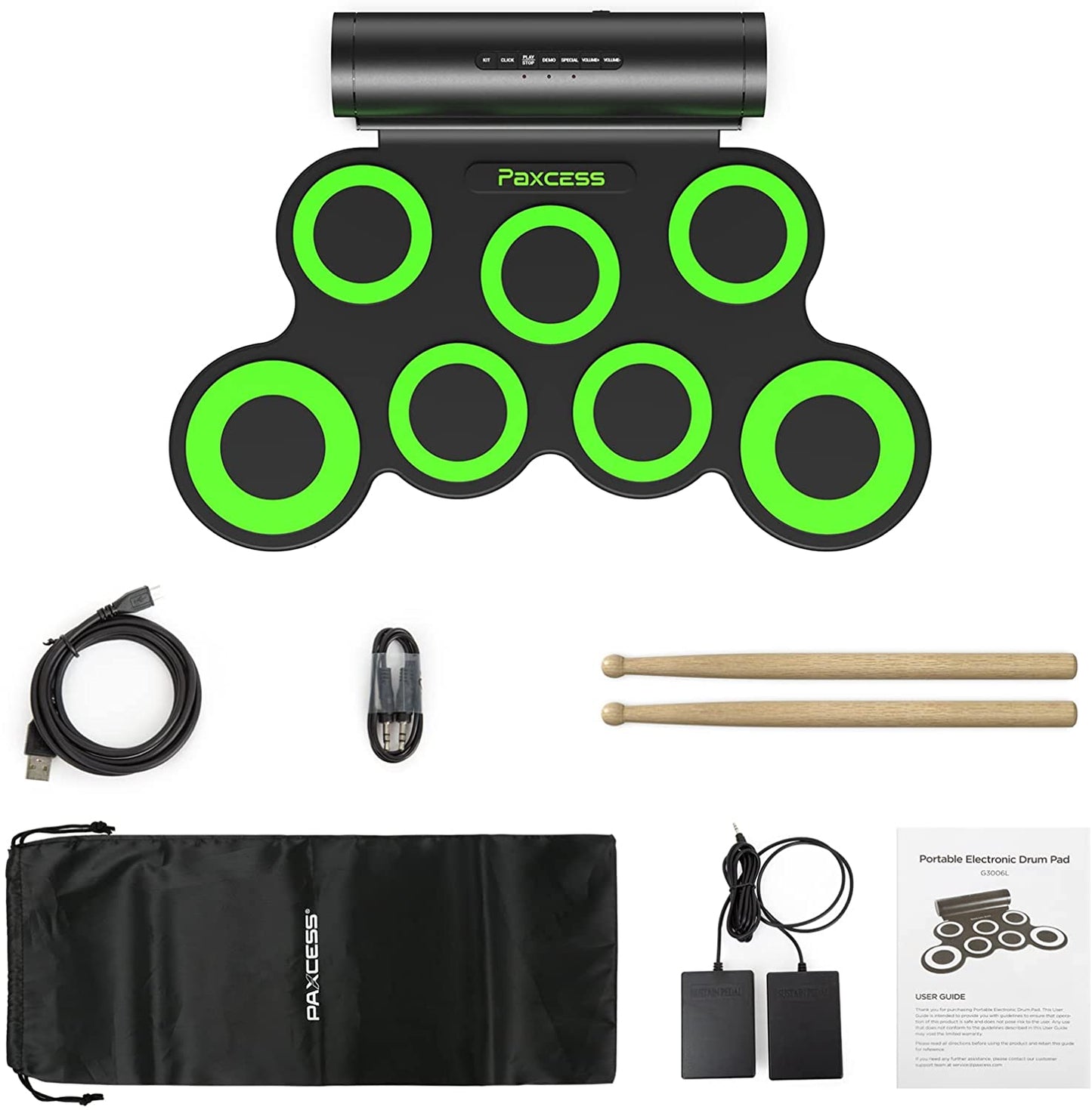PAXCESS Electronic Drum Set, Roll Up Drum Practice Pad Midi Drum Kit with Headphone Jack Built-in Speaker Drum Pedals Drum Sticks 10 Hours Playtime, Great Gift for Kids, Green.