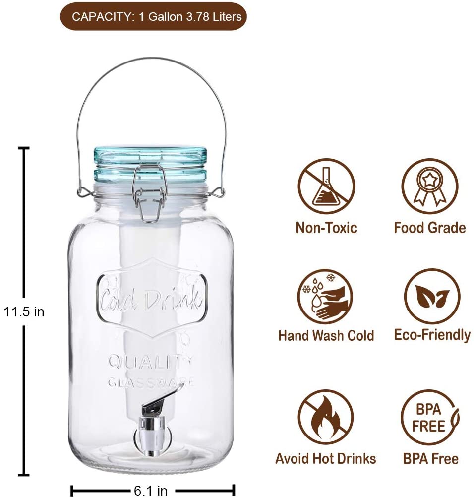 Emica Home 1 Gallon Cold Drink Glass Beverage Dispenser with Ice Infuser, Clear Bail & Trigger with Locking Clamp Drink Dispenser with Easy Flow Spigot for Outdoor, Parties and Daily Use