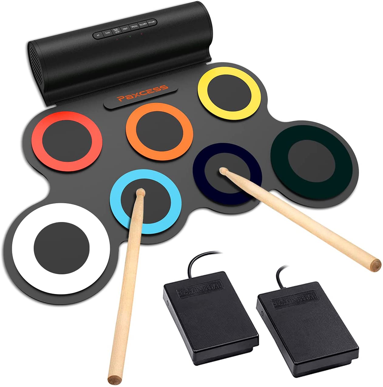 PAXCESS Electronic Drum Set, Roll Up Drum Practice Pad Midi Drum Kit with Headphone Jack Built-in Speaker Drum Pedals Drum Sticks 10 Hours Playtime.