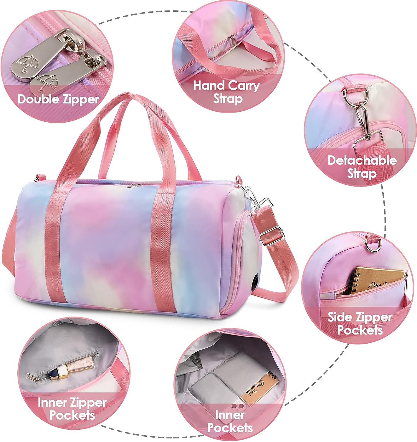 AFFORDABLE  Travel Duffel Bags for Girls Kids Waterproof Sports Gym Bag for Women, Tie-dye Dance Bag for Girls Teen Overnight Duffel Bag with Shoe Compartment Ballet Small Gym Bag（Pink Rainbow）