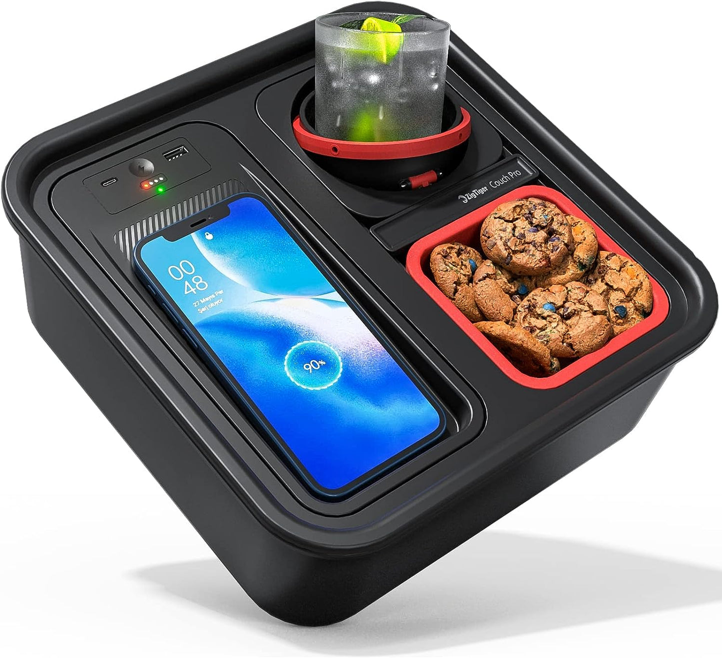 A+ Cup Holder Tray with Wireless Power Bank, Sofa Caddy with Self Balancing Cup Holder & Snack Cup, Sofa Armrest Table Tray, Couch Storage Organizer for Living Room, Car, Game,USB A+C Port