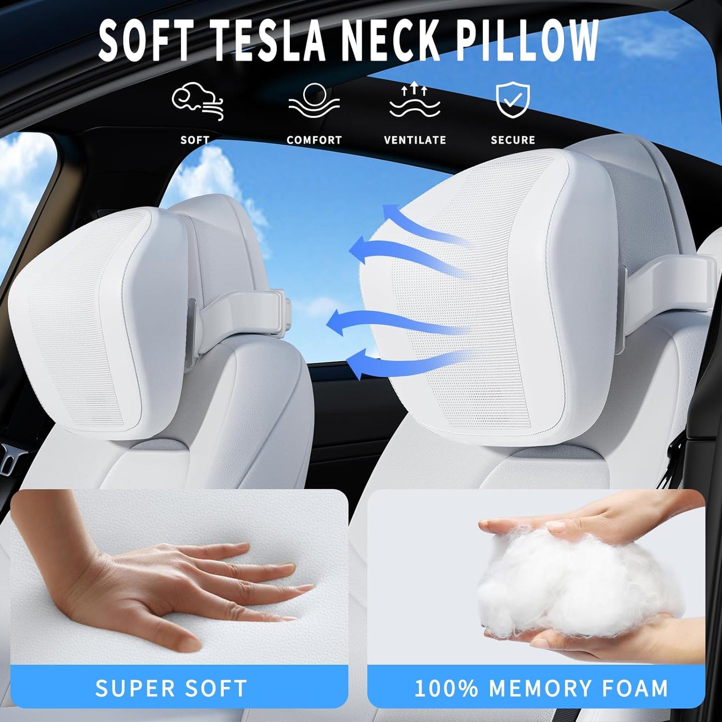 Tesla Headrest Pillow Height Adjustable Tesla Model Y/3 Accessories Neck Pillow Car Seat Pillow Head Neck Rest Cushion with Brackets, Hidden Hook(1 Pack)