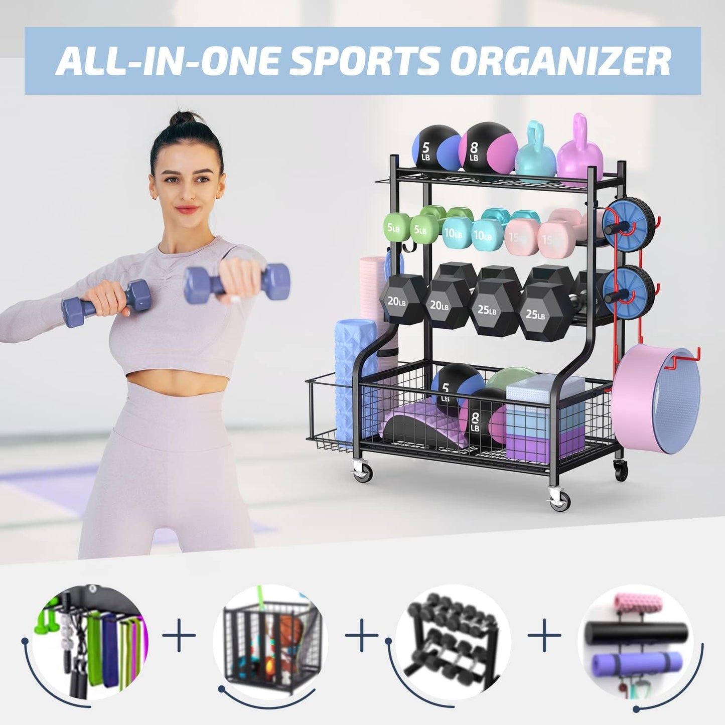 THE PLKOW Dumbbell Rack, Weight Rack for Dumbbells, Home Gym Storage for Dumbbells Kettlebells Yoga Mat and Balls, All in One Workout Storage with Wheels and Hooks, Powder Coated Finish Steel