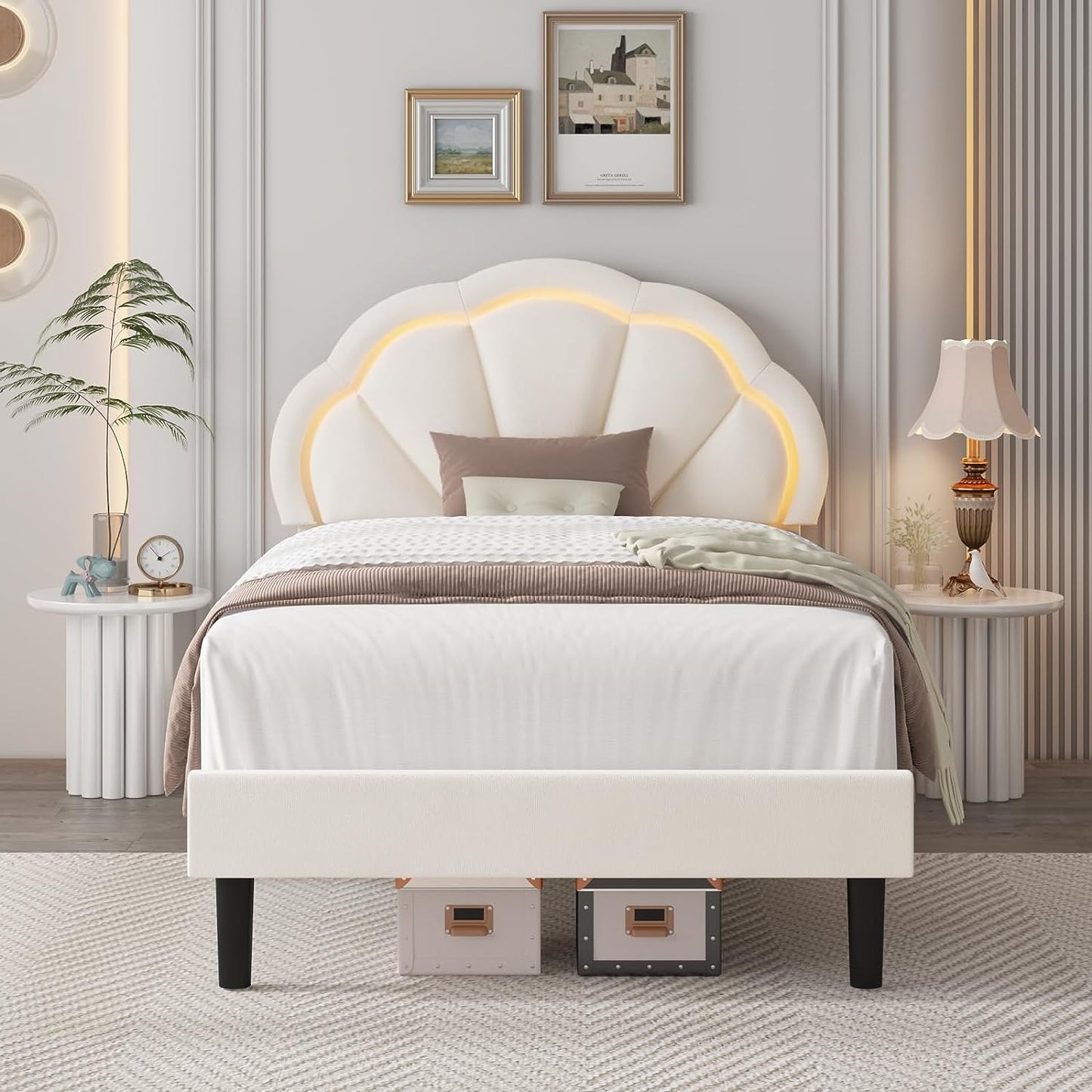 Smart LED Bed Frame with Adjustable Elegant Flowers Headboard, Platform Bed Frame Queen Size with Wooden Slats Support, No Box Spring Needed, Easy Assembly, Beige