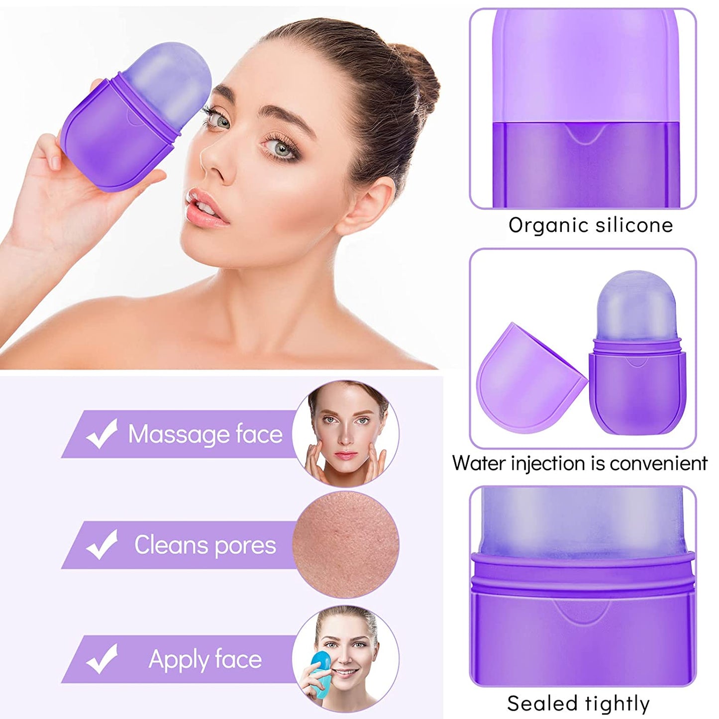 Ice Face Roller Beauty Ice Facial Roller for Face Skin Care Silicone Ice Stick Face Ice Mould Icing Tool Shrink Pore Ice Sphere for Brighten Lubricate Remove Fine Lines (Purple,2.6 x 2.1 x 4.9 Inch)