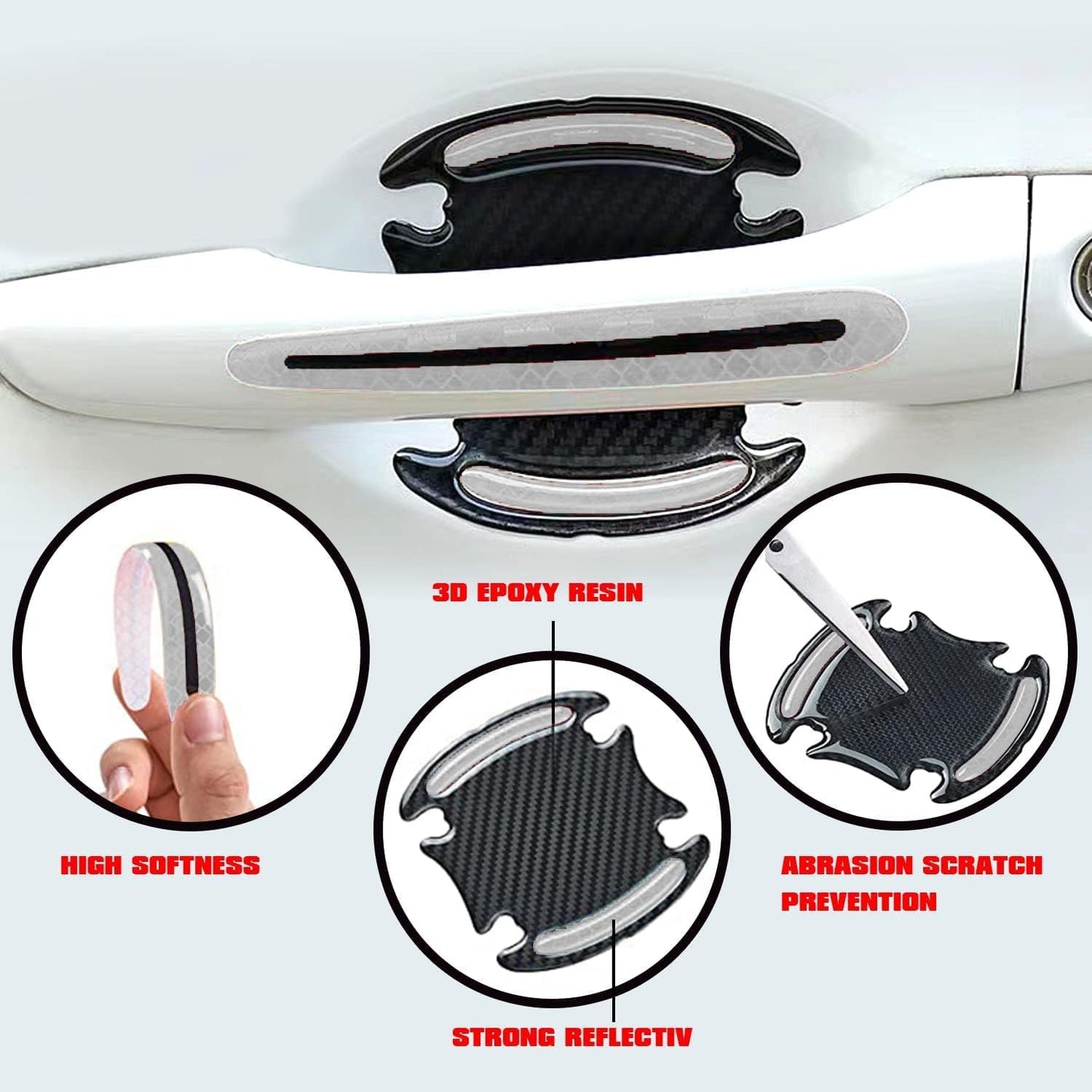 8PCS Car Door Handle Sticker 3D Carbon Fiber Anti Scratches Protective Films Universal Auto Door Handle Scratch Cover Guard Car Outdoor Safety Decoration Reflective Strip (White)