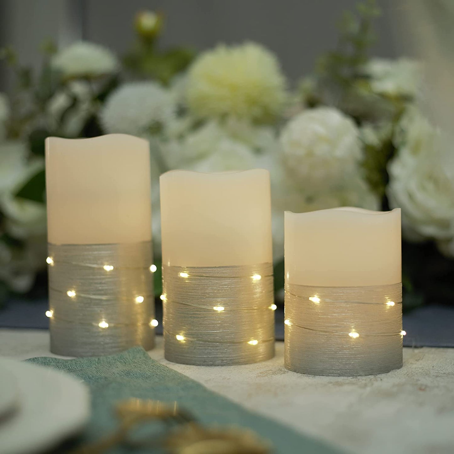Flameless Candles Ivory Real Wax Pillar with Embedded String Lights H-BLOSSOM LED Candles Battery Operated with Cycling 5H Timer Set of 3 (3" x 4"/5"/6") (Ivory)