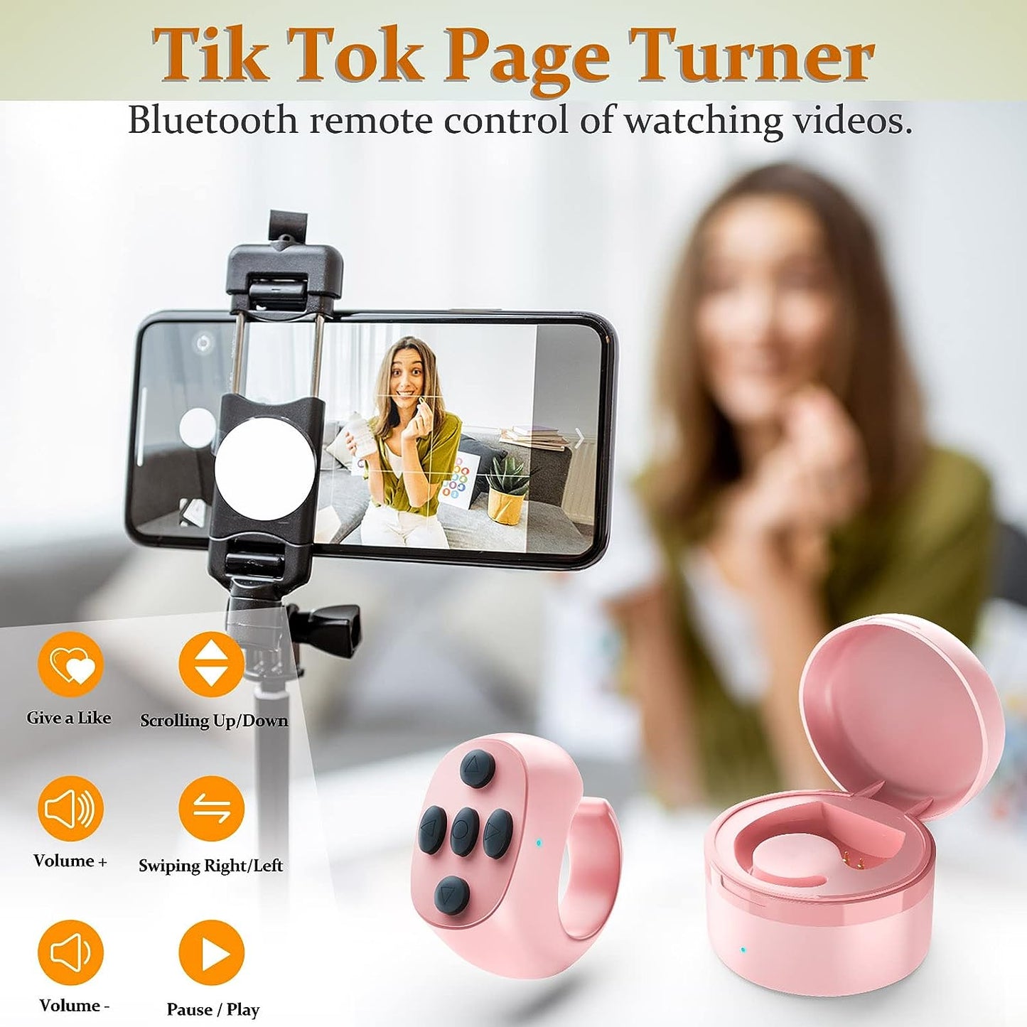 TikTok Remote Control Ring Kindle APP Page Turner, TIK Tok Scrolling Ring Bluetooth Camera Shutter Selfie Video Recording Remote with Charging Case for iPad iPhone Android (Black)