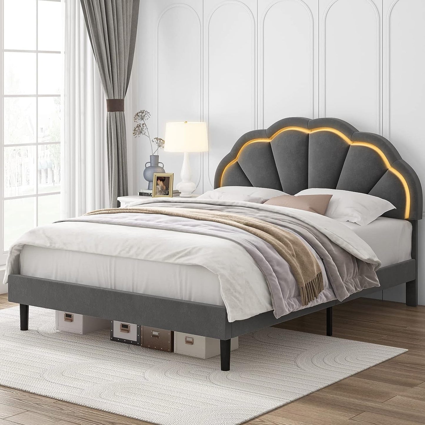 HIFIT Queen Upholstered Smart LED Bed Frame with Adjustable Elegant Flowers Headboard, Platform Bed Frame Queen Size with Wooden Slats Support, No Box Spring Needed, Easy Assembly, Beige