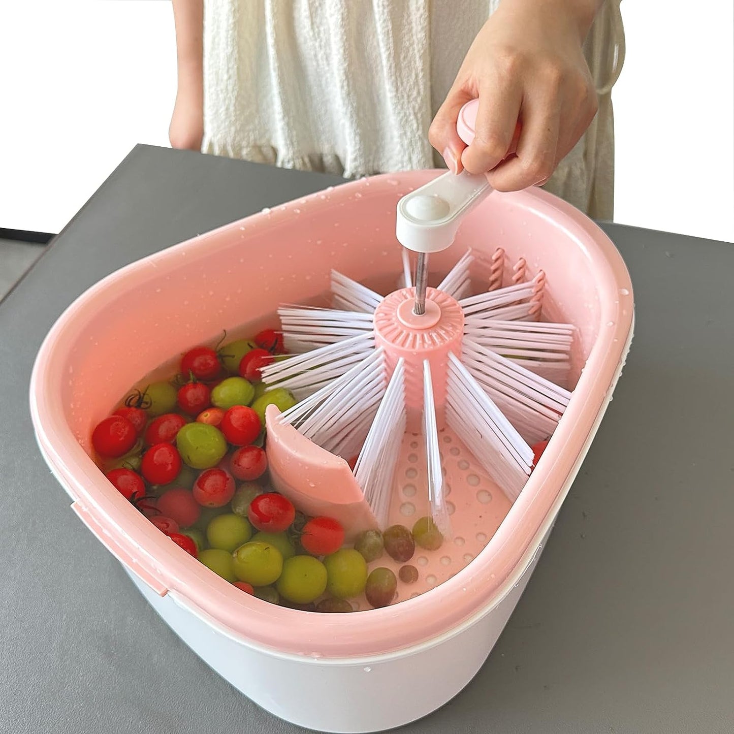 Fruit Cleaner Device, Fruit and Vegetable Washing Machine with Lid, Fruit Washer Spinner with Brush, Portable Fruit Scrubber, 720 Degree Scrubbing Fruit
