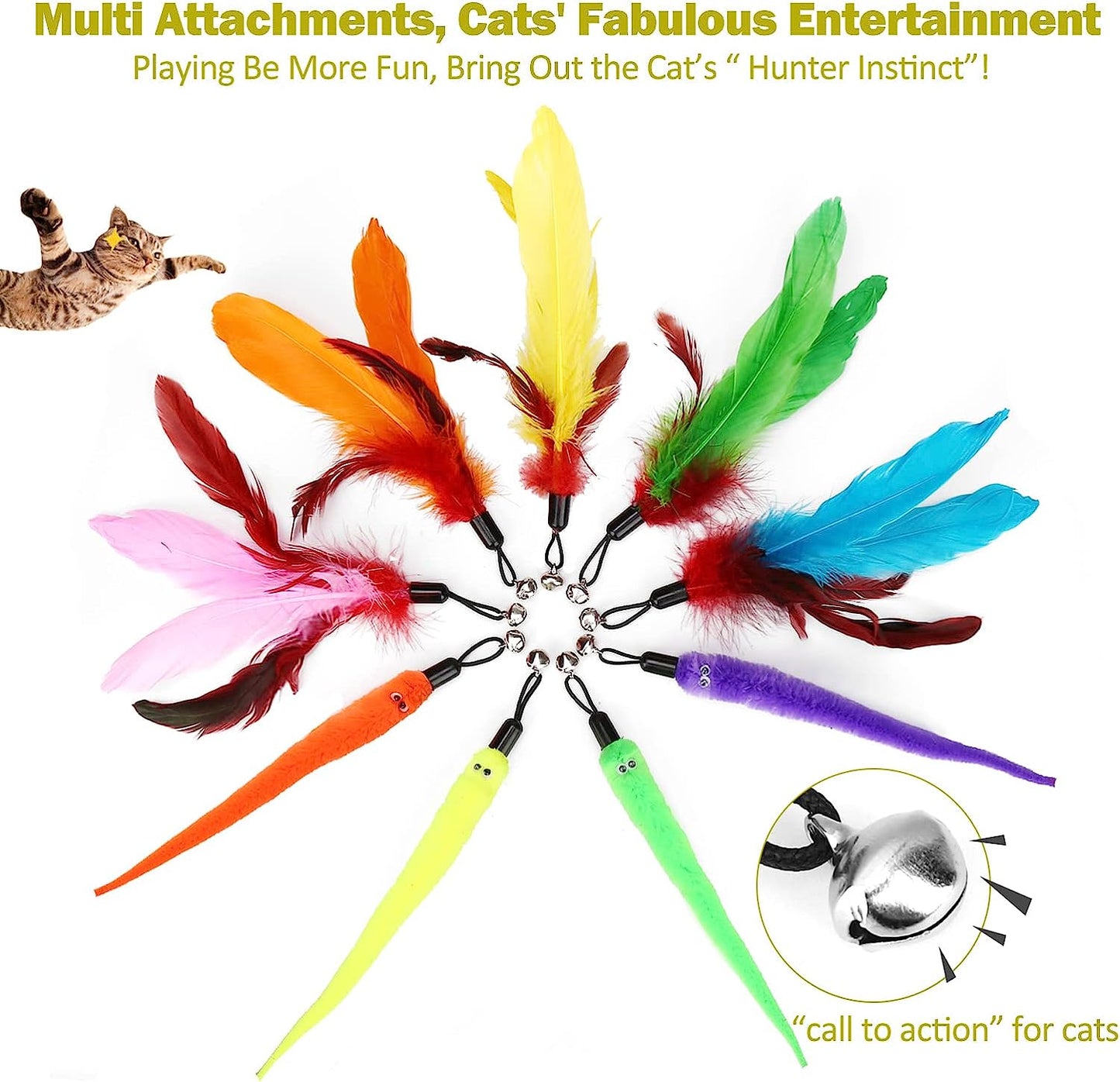 Cat Toys for Indoor Cats, Interactive Cat Toy 2PCS Retractable Cat Wand Toy and 9PCS Cat Feather Toys Refills, Funny Kitten Toys Cat Fishing Pole Toy for Bored Indoor Cats Chase and Exercise