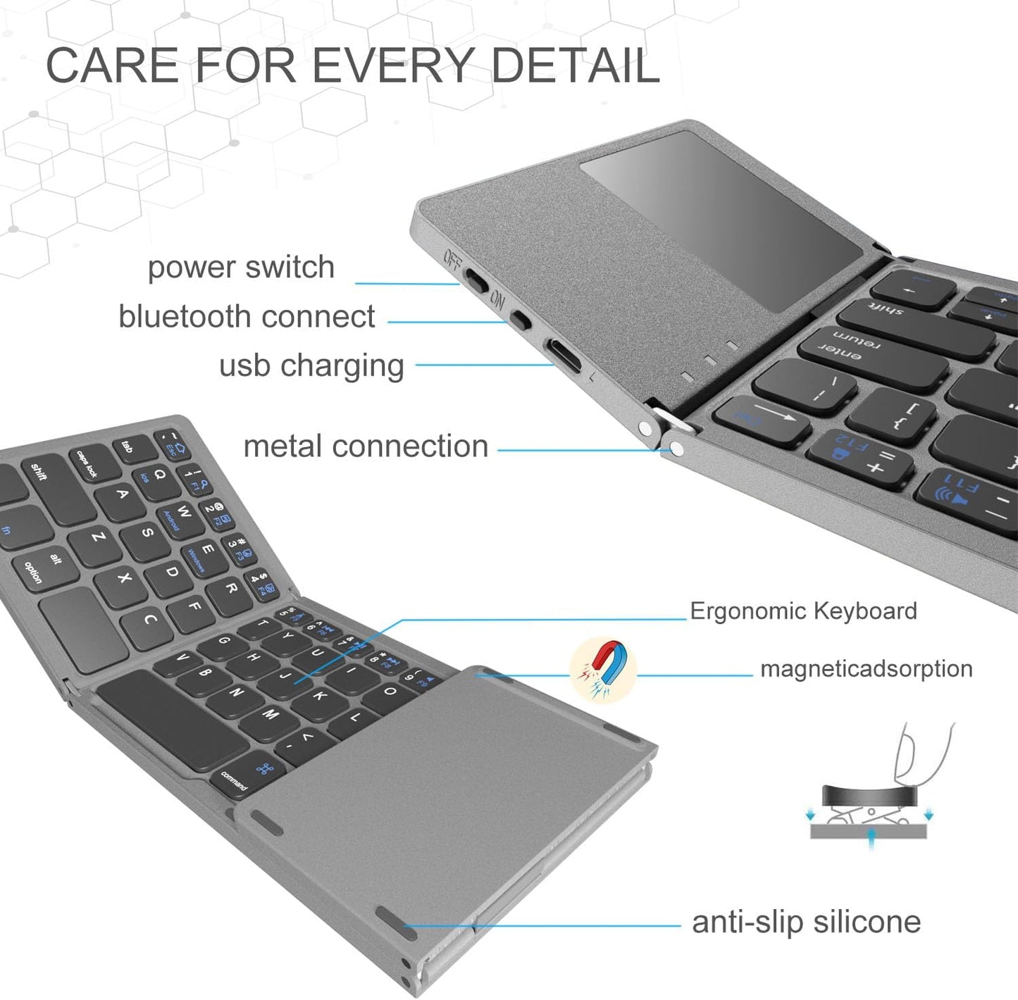 POPULAR Gimibox Foldable Bluetooth Keyboard, Pocket Size Portable Mini BT Wireless Keyboard with Touchpad for Android, Windows, PC, Tablet, with Rechargeable Li-ion Battery-Dark Gray