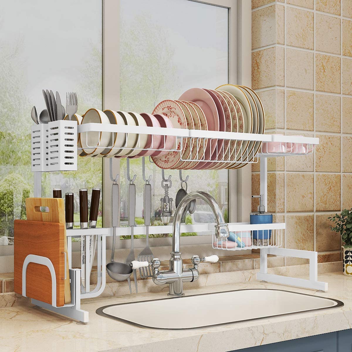 Over Sink(24"-40") Dish Drying Rack, Adjustable Cutlery Holders Drainer Shelf for Kitchen