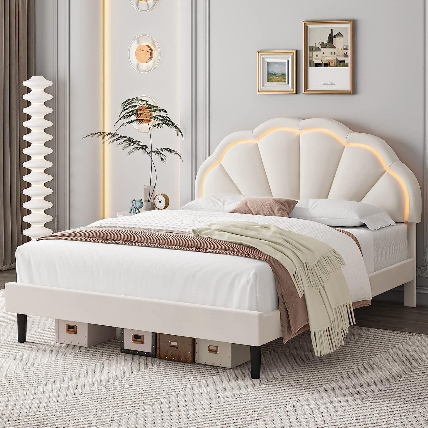 HIFIT Queen Upholstered Smart LED Bed Frame with Adjustable Elegant Flowers Headboard, Platform Bed Frame Queen Size with Wooden Slats Support, No Box Spring Needed, Easy Assembly, Beige