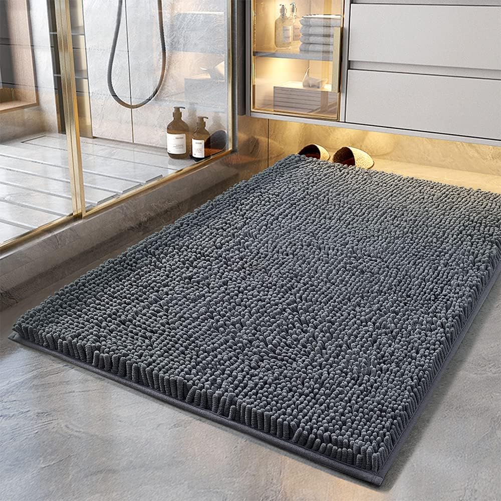 Bathroom Rug, Non Slip Bath Rugs, Soft Durable Thick Chenille Bath Mat, Ultra Water Absorbent and Fast Dry Bath Mats for Bathtubs, Rain Showers and Under Sink (Dark Grey, 17"x24")