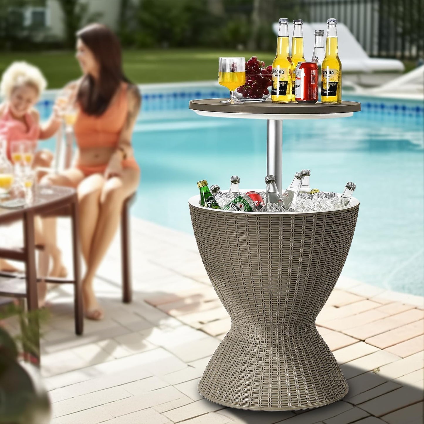 OUTSTANDING Outdoor Cool Bar Table, 8 Gallon Beer and Wine Cooler Table, Patio Furniture & Hot Tub Side Table, Beverage Cooler, Rattan Style Patio, Cocktail Bar for Patio Pool Party-Grey