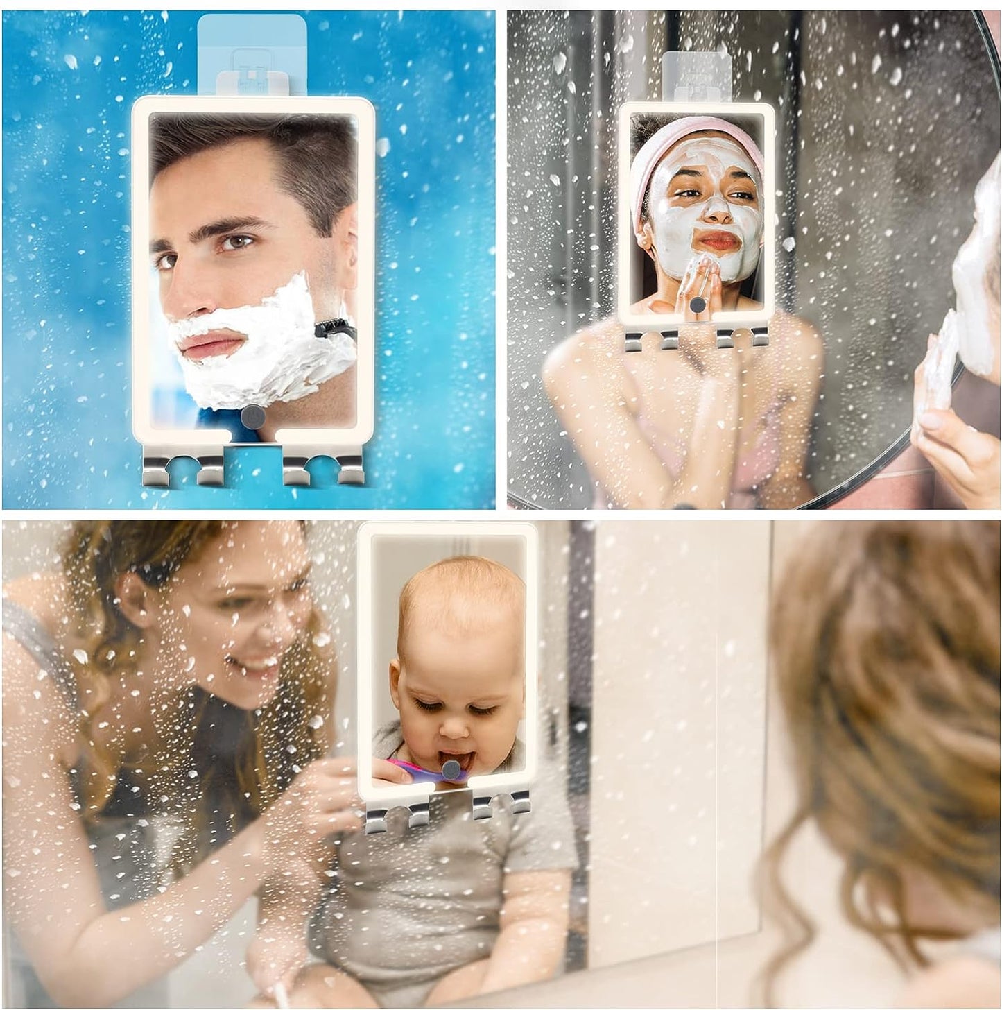 RRtide Heated Shower Mirror Fogless for Shaving with LED Light of 8X5.5inch, Rechargeable Fogless Mirror for Shower with 2 Razor Holders, Made of Real Glass, No Distortion