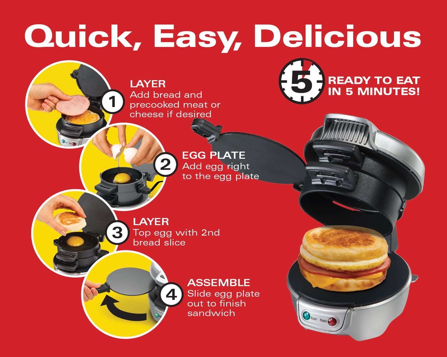 Hamilton Beach Breakfast Sandwich Maker with Egg Cooker Ring, Customize  Ingredients, Red, 25476 
