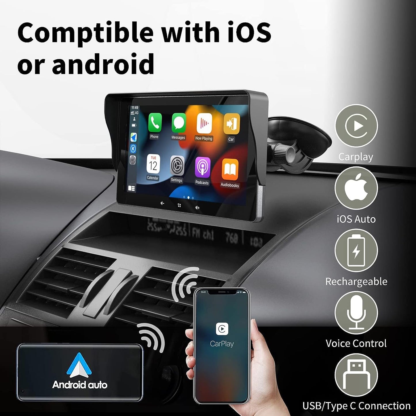 THE 7" HD Double Din Car Stereo,Portable Wireless Touch Screen Apple CarPlay and Android Auto Automatic Multimedia Player,Car Stereo with Mirror Link/Siri/Bluetooth/Navigation Screen for All Vehicles.